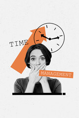 Vertical pop poster banner collage of worried businesswoman expire limit countdown pressure arrow...