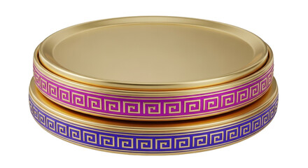 Isolated golden container decorated with a Greek key border pattern, stacking on tabletop