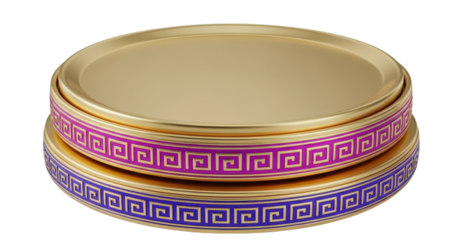 Isolated golden container decorated with a Greek key border pattern, stacking on tabletop