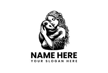 Monochrome illustration of a compassionate woman embracing a small marsupial, symbolizing wildlife protection, animal rescue, and the nurturing bond with nature. An elegant emblem design
