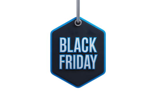Black friday hexagonal tag hanging isolated on transparent background