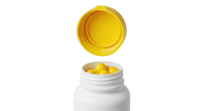 Isolated open supplement bottle with yellow cap and vitamin balls; good health nutrition