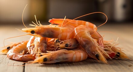Fresh Shrimp Pile on Wooden Surface - Seafood Still Life.