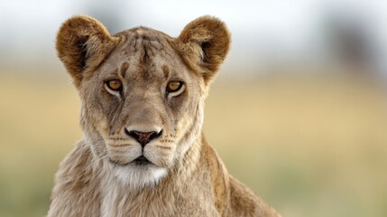 Obraz premium ferocity. Lioness with a focused gaze and detailed fur, bathed in golden savanna light with a natural habitat backdrop. wildlife magazines.