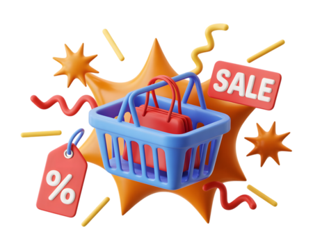 3d illustration of a shopping basket with a red bag inside, sale tag, and sale sign, isolated on transparent background