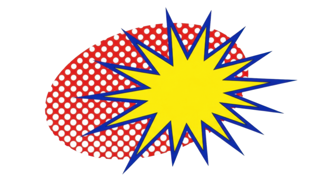Isolated illustration of a yellow starburst with a red halftone circle behind it