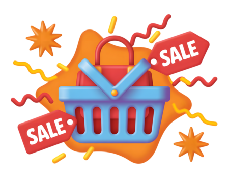 3d illustration of a shopping basket with a red bag inside, sale tag, and sale sign, isolated on transparent background