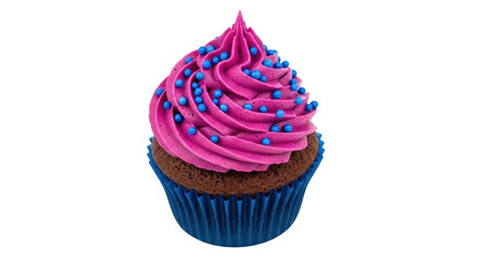 Isolated cupcake with pink frosting and blue sprinkles, sweet dessert confectionery item