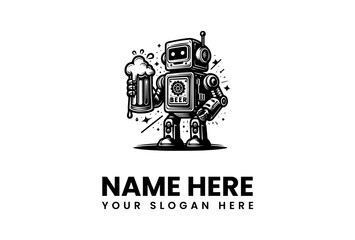 Retro Robot Holding a Frothy Beer Mug with a Star Sparkle Above its Head and Space for Your Text