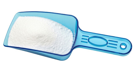 Isolated blue plastic scoop filled with powder, for kitchen or cleaning purposes equipment