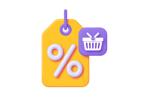 3d yellow price tag with percentage symbol and shopping basket icon isolated on transparent background