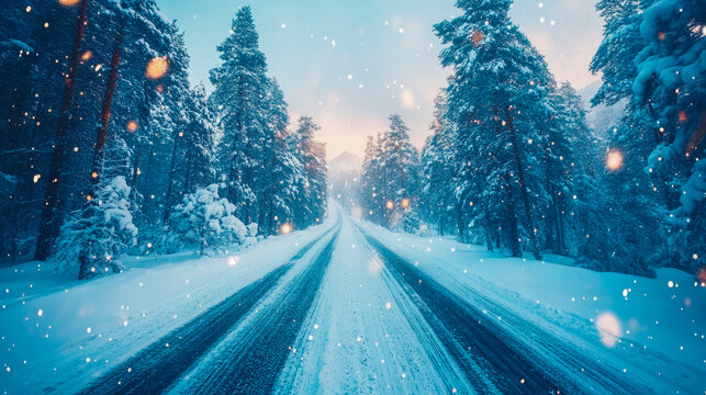 Enchanting winter journey on snow-covered road flanked by majestic pine trees and soft, glowing light during gentle snowfall