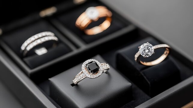 Elegant Diamond Rings in Black Jewelry Box. Engagement Rings, Wedding Bands, Fine Jewelry, and Gift Ideas for Special Occasions.