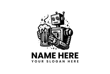 A retro cartoon robot mascot happily holding a frothy beer mug, a vintage black and white logo illustration for a craft brewery or tech pub