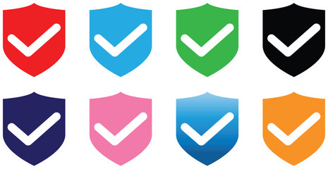 Collection of colorful shield icons with checkmarks isolated on white background