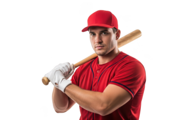 Professional baseball player in red uniform holding bat, ready to swing, sports athlete, isolated on transparent background
