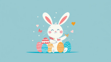 Fototapeta premium Charming illustration of joyful white Easter bunny with rosy cheeks, holding carrot, sitting amongst collection of vibrantly decorated eggs on light blue background, adorned with tiny hearts and butte