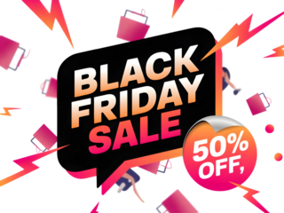 Black friday sale announcement with 50 off discount and shopping bags isolated on transparent background