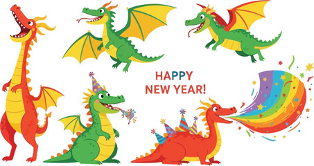 Celebrate the New Year with whimsical dragons ready to party and spread cheer, perfect for kids' invitations, greeting cards, and festive designs