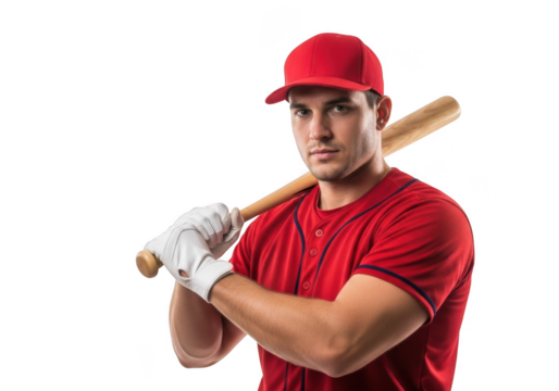 Professional baseball player in red uniform holding bat, ready to swing, sports athlete, isolated on transparent background
