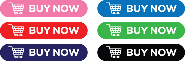 Six buy now buttons in different colors isolated on white background