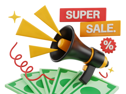 Megaphone announcing super sale with money and percentage sign isolated on transparent background