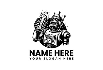 A fun retro robot mascot enjoying a frothy pint of ale. This monochrome vector graphic is an ideal logo template or emblem design concept