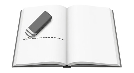 Isolated Open book with dotted line and eraser for correction or erasing of writing