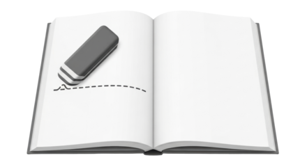 Isolated Open book with dotted line and eraser for correction or erasing of writing