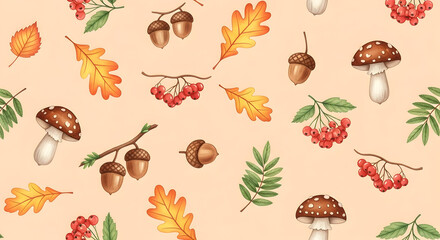 Delightful fall forest pattern with acorns, leaves, mushrooms and berries for cozy autumn designs and seasonal projects, evoking nature's charm
