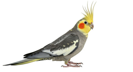 Isolated cockatiel with striking yellow crest, perched serenely on a blank canvas, waiting