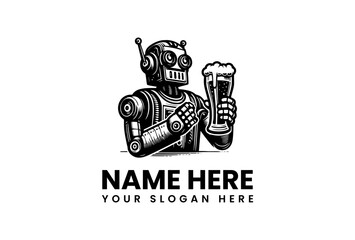 Classic Robot with Frothy Beer Mug Mascot Design for Brewery or Bar Emblems, Futuristic Beverage Concept