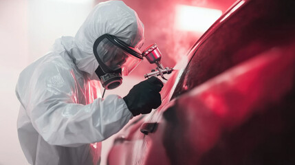 Auto spray painting under dramatic red light