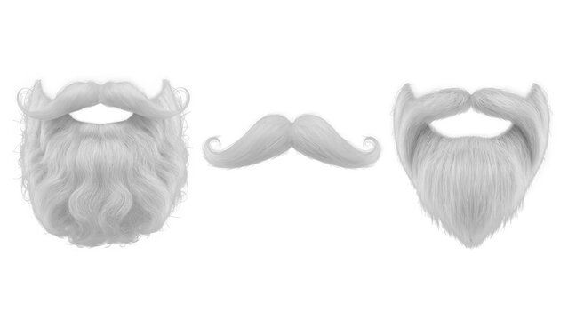 Two white santa claus beards and a matching mustache isolated on transparent background