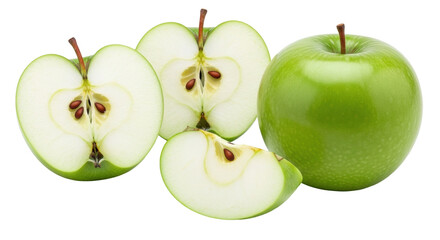 Isolated Granny Smith apples showcasing a cross-section, a quarter, and the whole fruit itself