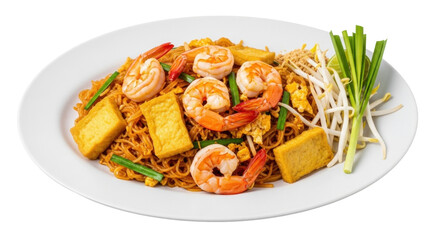 Isolated view of Pad Thai with shrimp, tofu, bean sprouts, lime, peanuts, chives, noodles
