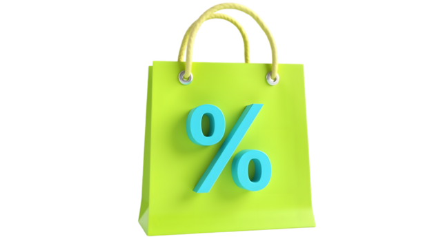 Green shopping bag with a percentage symbol isolated on transparent background