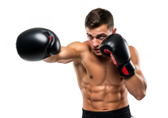 Professional boxer punching with black boxing gloves, muscular man training, sportsman athlete, action shot, isolated on transparent background