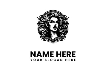 Vintage illustration of a beautiful fantasy goddess with pointed ears, framed in an ornate circular emblem for a logo design