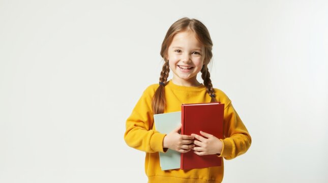 A young girl is holding two books and smiling