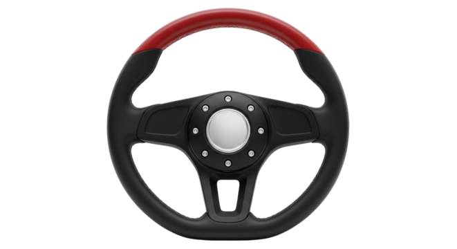 Isolated automotive steering wheel with red trim for performance vehicles or classic car