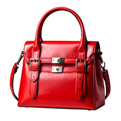 A vibrant, red leather handbag featuring a top handle, shoulder strap, and metal buckle closures