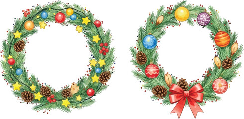 Charming watercolor Christmas wreaths with festive ornaments and ribbons, perfect for holiday cards and seasonal designs adding a touch of handmade elegance