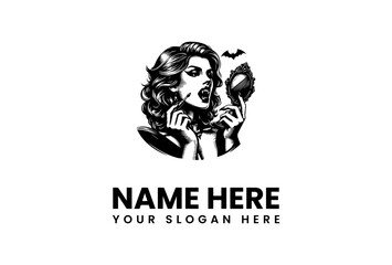 Retro Vampire Woman with Mirror and Bat Logo Design - Spooky Halloween Glamour