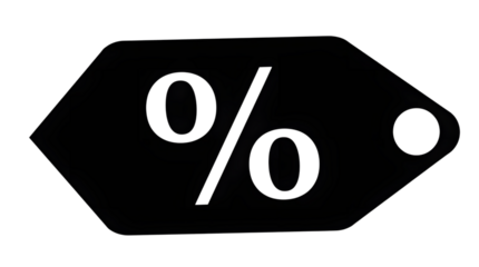 Black hexagonal price tag with percent symbol isolated on transparent background
