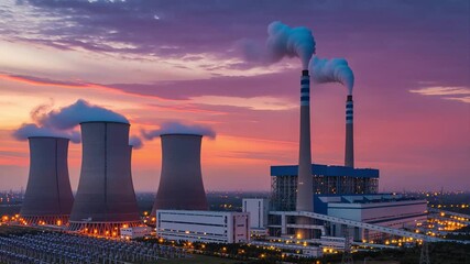 Aerial view timelapse of a modern coal power plant at twilight, retrofitted with amine scrubber towers emitting clean steam under dramatic clouds. Sustainable transition technology industrial energy