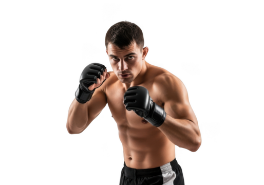 Stock photo of a muscular male boxer with boxing gloves in fighting stance, fitness and sports concept image, isolated on transparent background