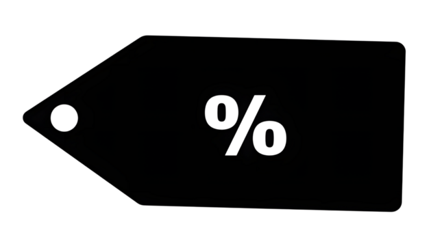 Black price tag with percent symbol isolated on transparent background