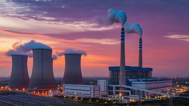 Aerial view timelapse of a modern coal power plant at twilight, retrofitted with amine scrubber towers emitting clean steam under dramatic clouds. Sustainable transition technology industrial energy