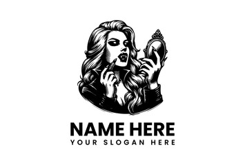 A detailed black and white illustration of a beautiful gothic vampire woman with fangs applying lipstick while looking into an ornate hand mirror